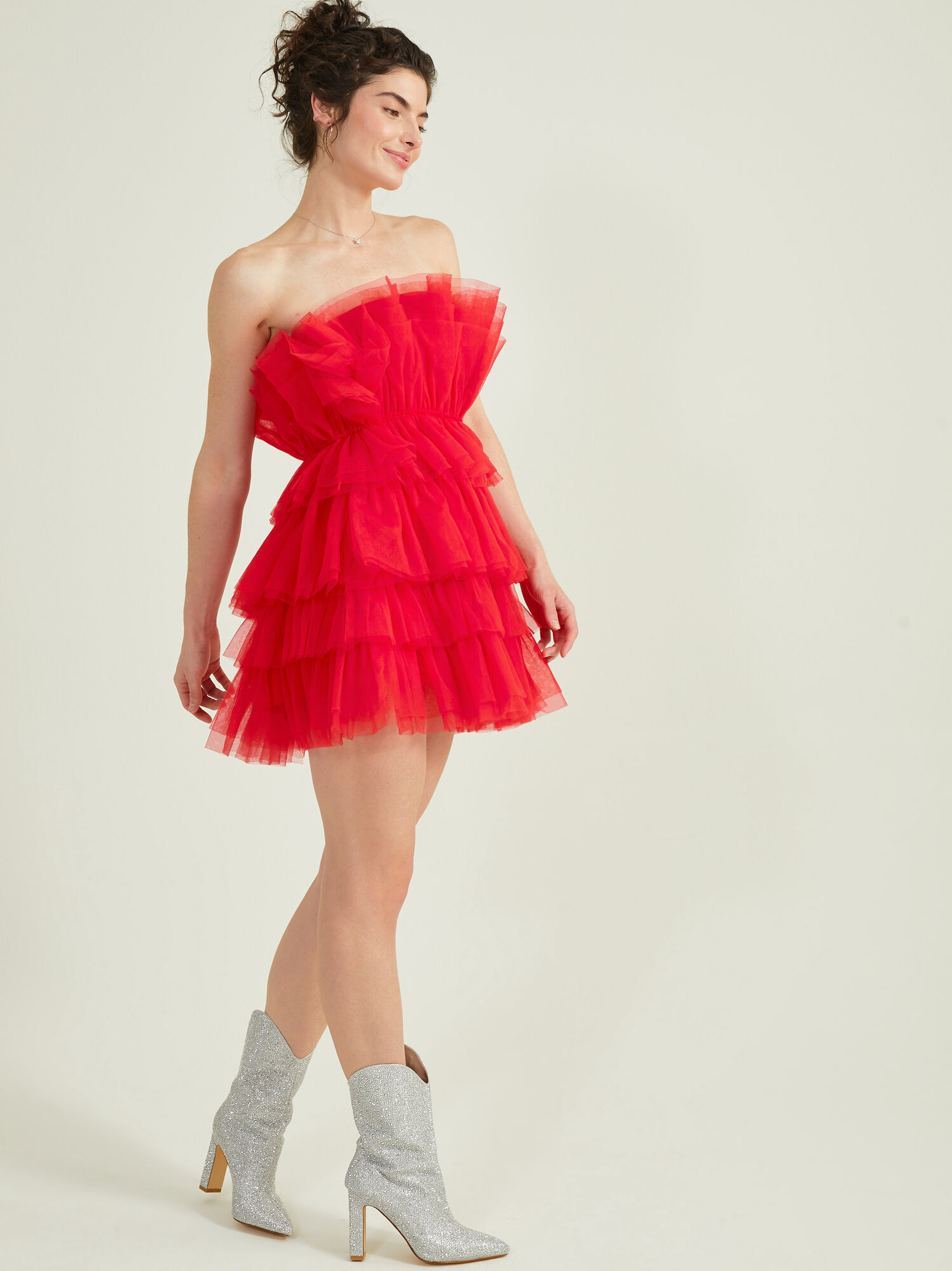 Aella | Red Bandeau Volume Pleated Tulle Mini Dress US 6 / Red