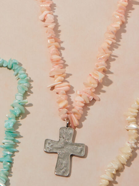 Statement Chip Stone Cross Necklace - AS REVIVAL