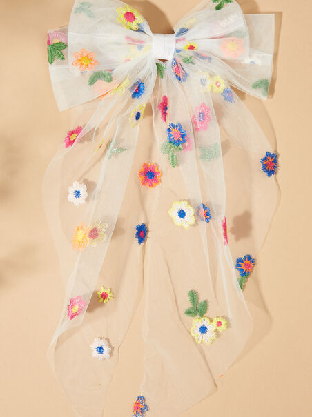 Tulle Embordered Floral Hair Bow - AS REVIVAL