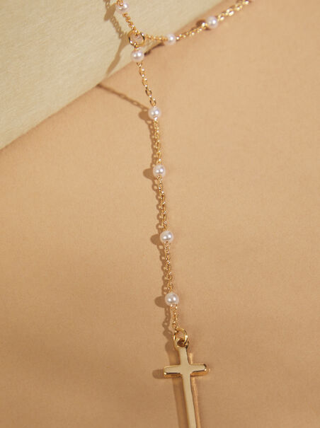 Dainty Beaded Pearl Cross Necklace - AS REVIVAL